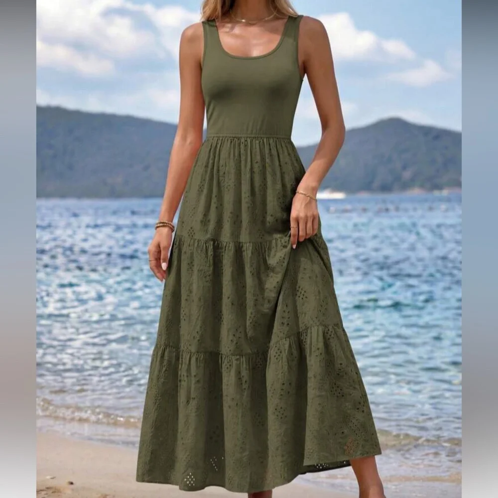 Army Green Tiered Eyelet Maxi Dress - Women